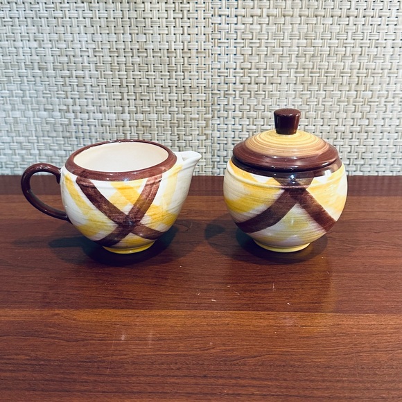 🍁🌟HP🌟VTG 1950s Cream & Sugar Homespun Glazed Ceramic Set by Vernon Kilns CA - Picture 2 of 9